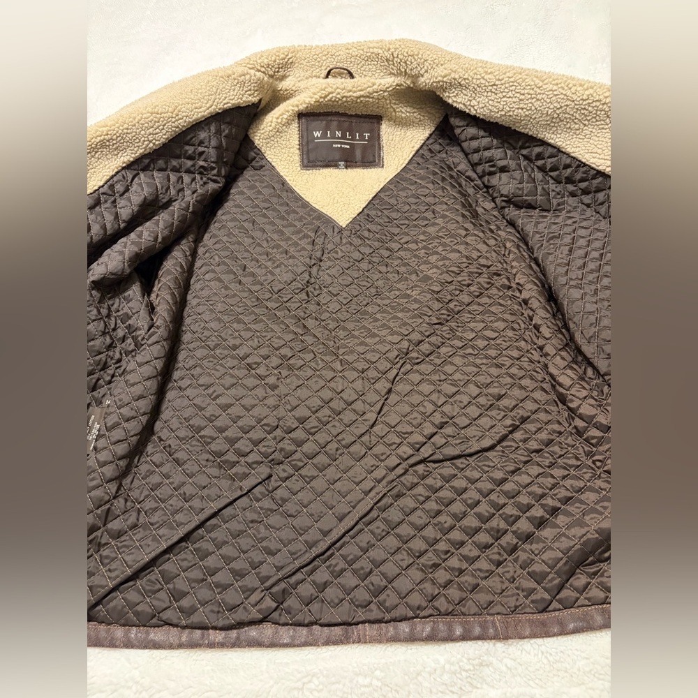 WINLIT GENUINE LEATHER JACKET BROWN BELTED SHERPA QUILTED SZ M - Picture 6 of 8